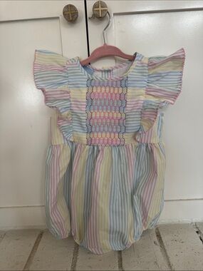 Pastel Stripe Smocked Baby Romper - Yellow, Pink & Blue